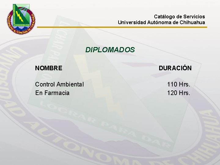 Catálogo de Servicios Universidad Autónoma de Chihuahua DIPLOMADOS NOMBRE Control Ambiental En Farmacia DURACIÓN