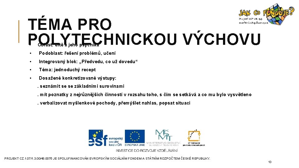 TÉMA PRO POLYTECHNICKOU VÝCHOVU • Oblast: dítě a jeho psychika • Podoblast: řešení problémů,