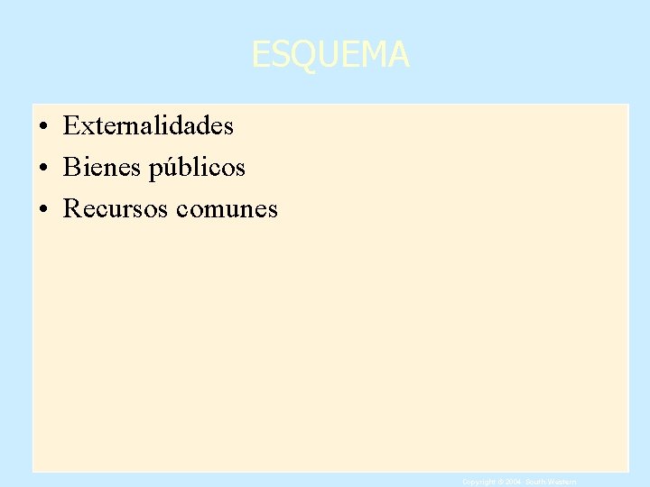 ESQUEMA • Externalidades • Bienes públicos • Recursos comunes Copyright © 2004 South-Western 