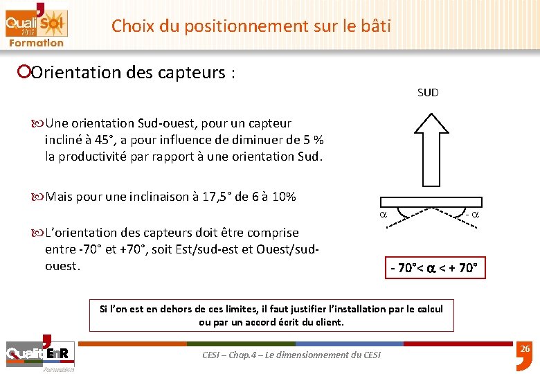 Choix du positionnement sur le bâti ¡Orientation des capteurs : SUD Une orientation Sud-ouest,