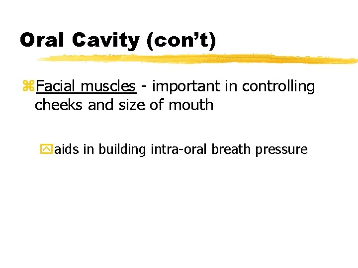 Oral Cavity (con’t) z. Facial muscles - important in controlling cheeks and size of