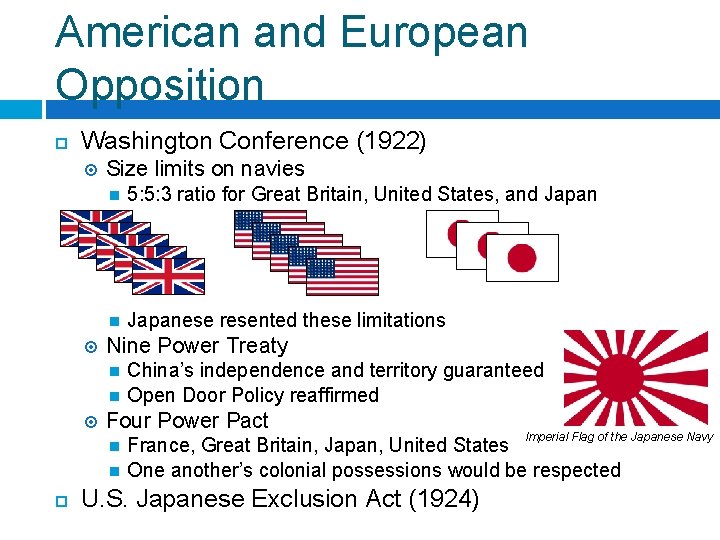 American and European Opposition Washington Conference (1922) Size limits on navies 5: 5: 3