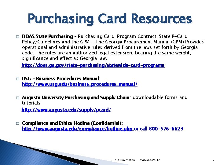 Purchasing Card Resources � � DOAS State Purchasing – Purchasing Card Program Contract, State