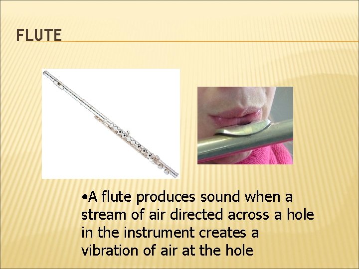 FLUTE • A flute produces sound when a stream of air directed across a