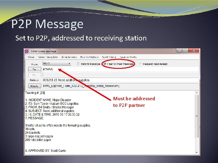 P 2 P Message Set to P 2 P, addressed to receiving station Must
