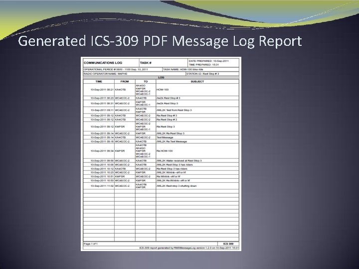 Generated ICS-309 PDF Message Log Report 
