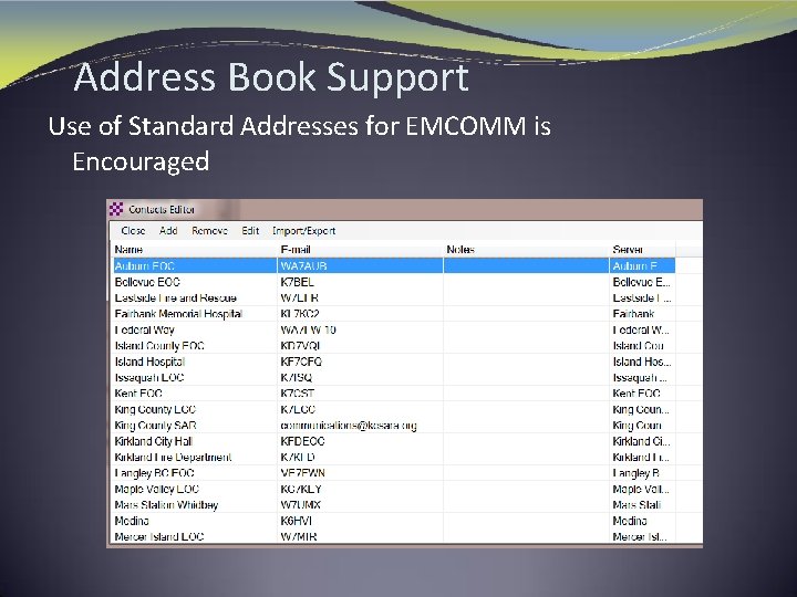 Address Book Support Use of Standard Addresses for EMCOMM is Encouraged 