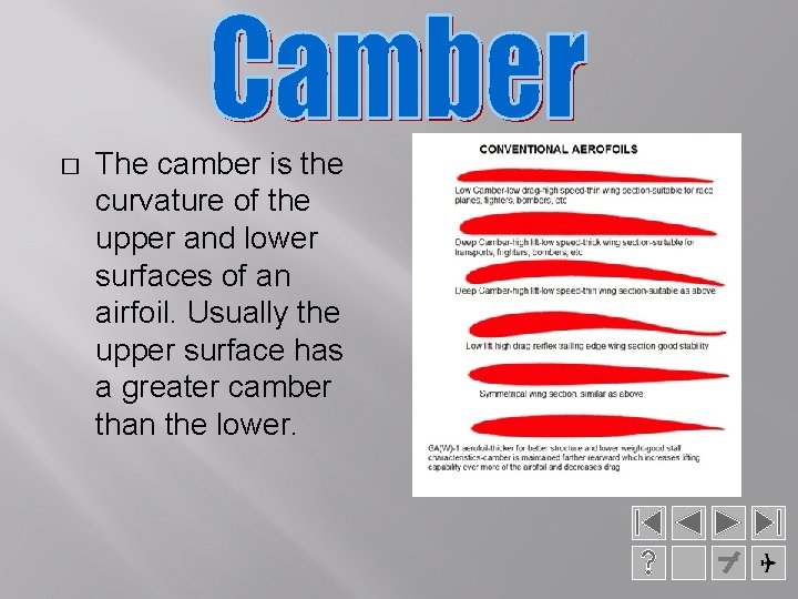 � The camber is the curvature of the upper and lower surfaces of an