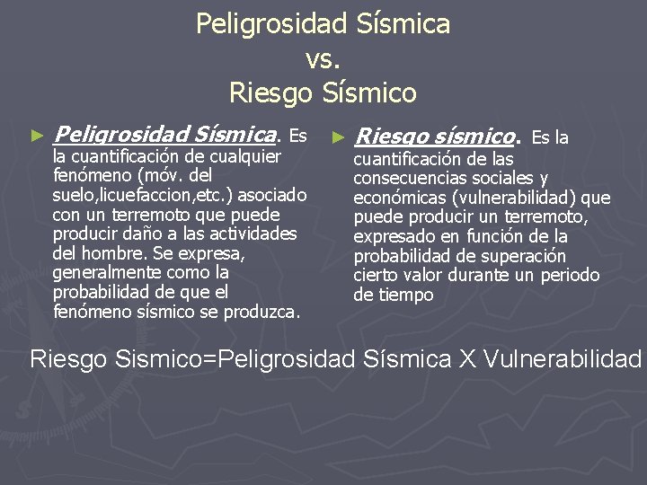 Peligrosidad Sísmica vs. Riesgo Sísmico ► Peligrosidad Sísmica. Es la cuantificación de cualquier fenómeno