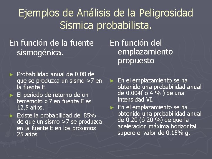 Ejemplos de Análisis de la Peligrosidad Sísmica probabilista. En función de la fuente sismogénica.