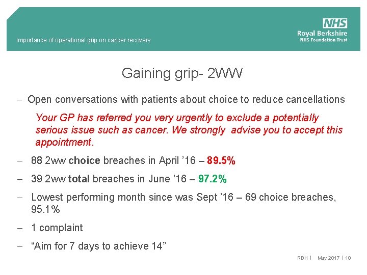 Importance of operational grip on cancer recovery Gaining grip- 2 WW - Open conversations