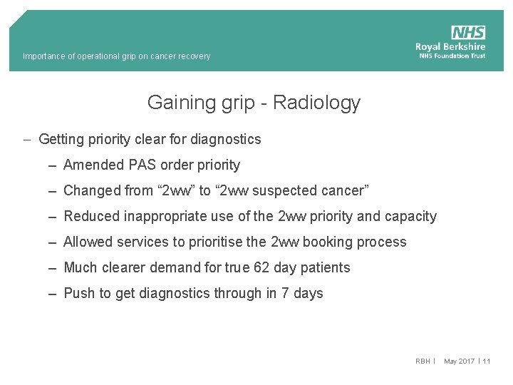 Importance of operational grip on cancer recovery Gaining grip - Radiology - Getting priority