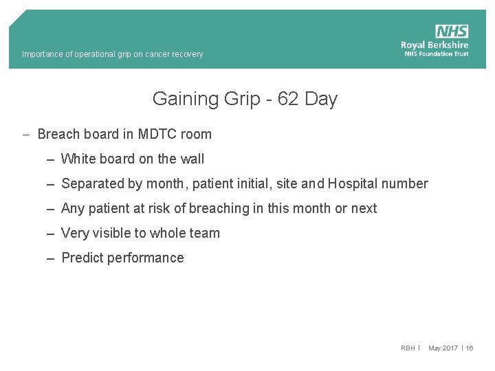 Importance of operational grip on cancer recovery Gaining Grip - 62 Day - Breach