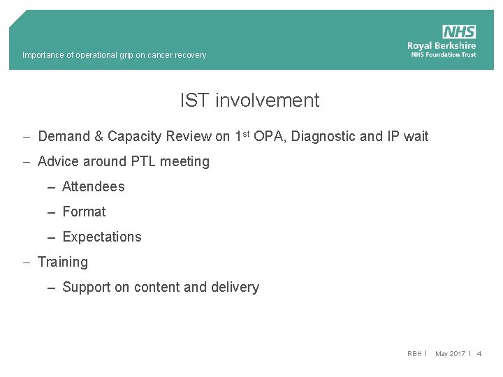 Importance of operational grip on cancer recovery IST involvement - Demand & Capacity Review