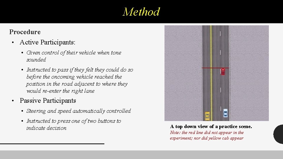 Method Procedure • Active Participants: • Given control of their vehicle when tone sounded