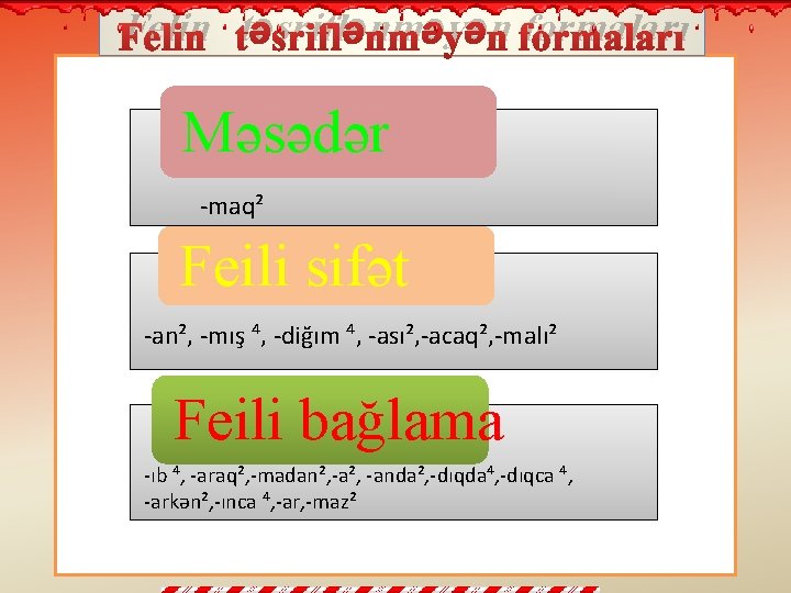 Felin təsriflənməyən formaları Məsədər -maq² Feili sifət -an², -mış ⁴, -diğım ⁴, -ası², -acaq²,