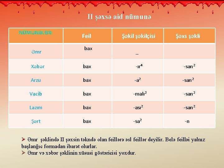 II şəxsə aid nümunə NÜMUNƏLƏR: Əmr Feil bax Şəkil şəkilçisi Şəxs şəkli _ Xəbər