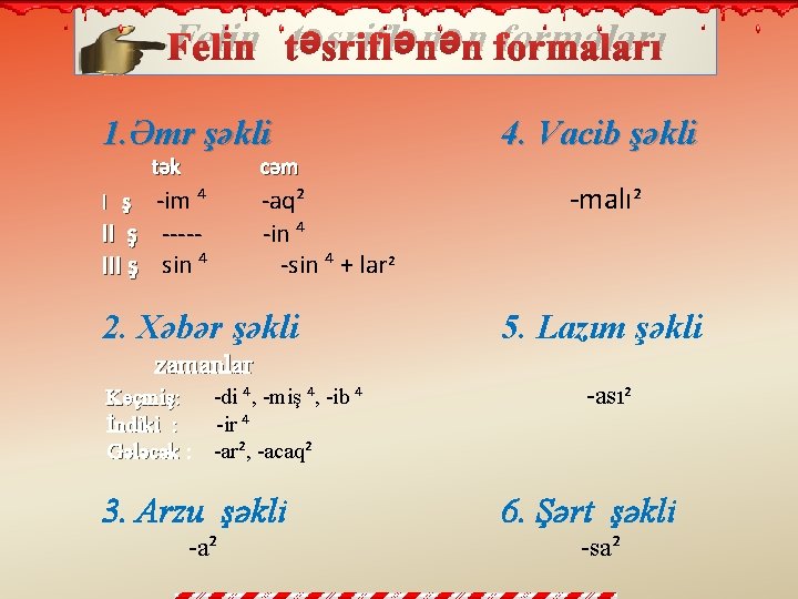Felin təsriflənən formaları 1. Əmr şəkli tək cəm -im ⁴ II ş ----III ş