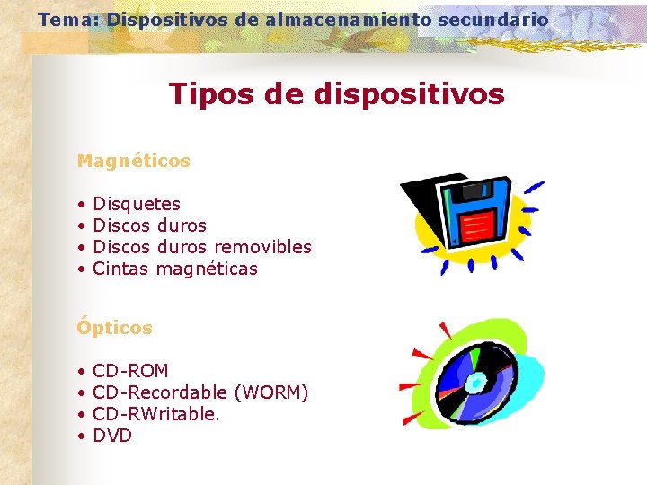 Tema: Dispositivos de almacenamiento secundario Tipos de dispositivos Magnéticos • • Disquetes Discos duros