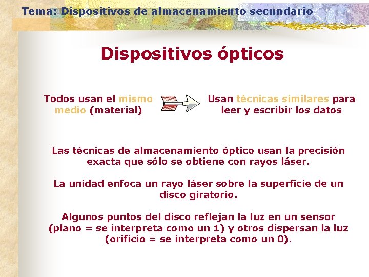 Tema: Dispositivos de almacenamiento secundario Dispositivos ópticos Todos usan el mismo medio (material) Usan