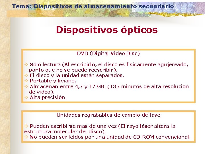 Tema: Dispositivos de almacenamiento secundario Dispositivos ópticos DVD (Digital Video Disc) v Sólo lectura