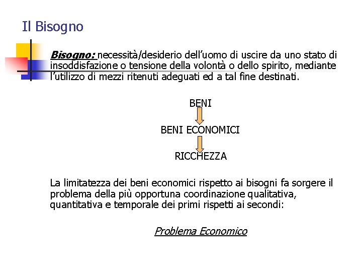 Il Bisogno: necessità/desiderio dell’uomo di uscire da uno stato di insoddisfazione o tensione della