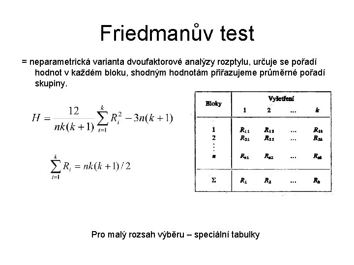 Friedmanův test = neparametrická varianta dvoufaktorové analýzy rozptylu, určuje se pořadí hodnot v každém