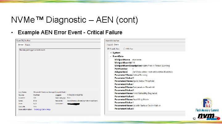 NVMe™ Diagnostic – AEN (cont) • Example AEN Error Event - Critical Failure 12