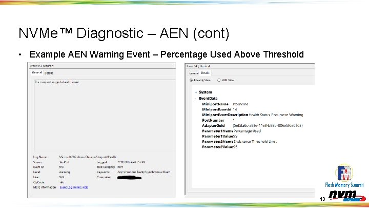 NVMe™ Diagnostic – AEN (cont) • Example AEN Warning Event – Percentage Used Above