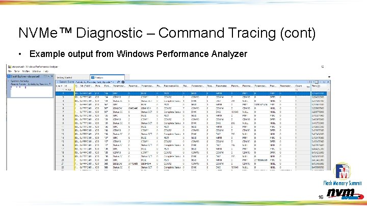 NVMe™ Diagnostic – Command Tracing (cont) • Example output from Windows Performance Analyzer 16