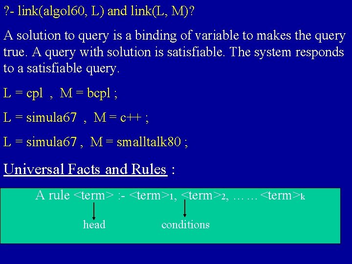 ? - link(algol 60, L) and link(L, M)? A solution to query is a