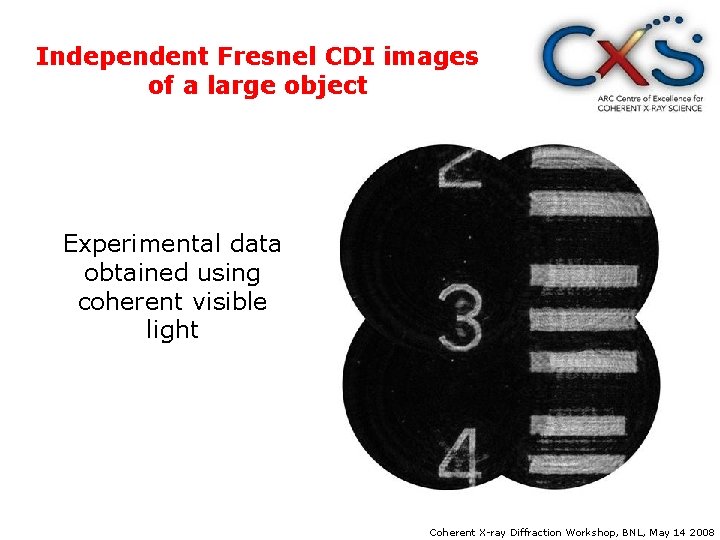 Independent Fresnel CDI images of a large object Experimental data obtained using coherent visible