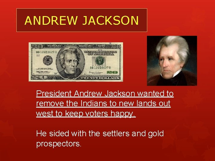 ANDREW JACKSON President Andrew Jackson wanted to remove the Indians to new lands out ANDREW JACKSON President Andrew Jackson wanted to remove the Indians to new lands out