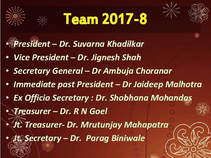 Team 2017 -8 • • President – Dr. Suvarna Khadilkar Vice President – Dr.