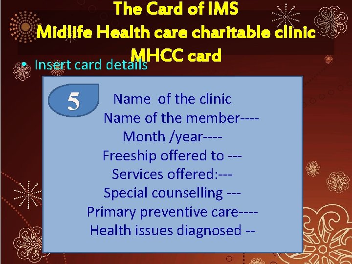 The Card of IMS Midlife Health care charitable clinic MHCC card • Insert card