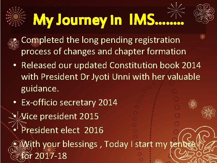 My Journey in IMS……. . • Completed the long pending registration process of changes