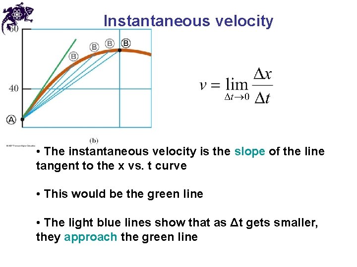 Instantaneous velocity • The instantaneous velocity is the slope of the line tangent to