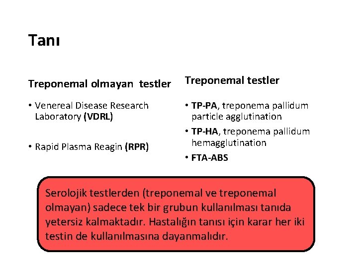 Tanı Treponemal olmayan testler Treponemal testler • Venereal Disease Research Laboratory (VDRL) • TP-PA,