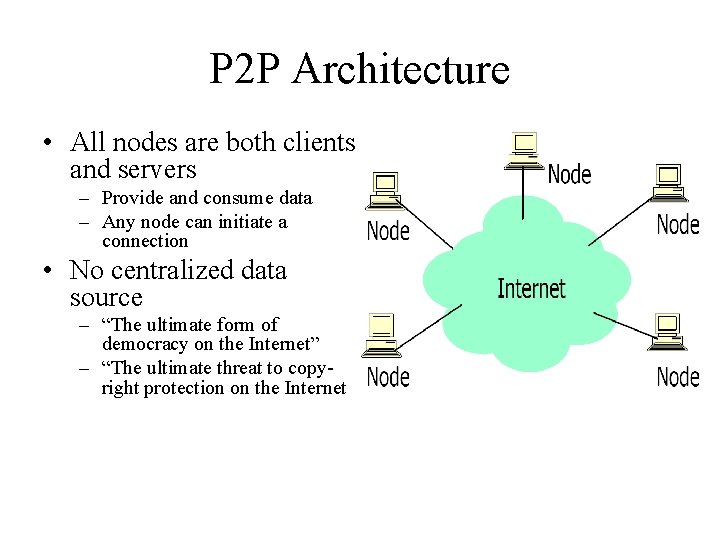 P 2 P Architecture • All nodes are both clients and servers – Provide