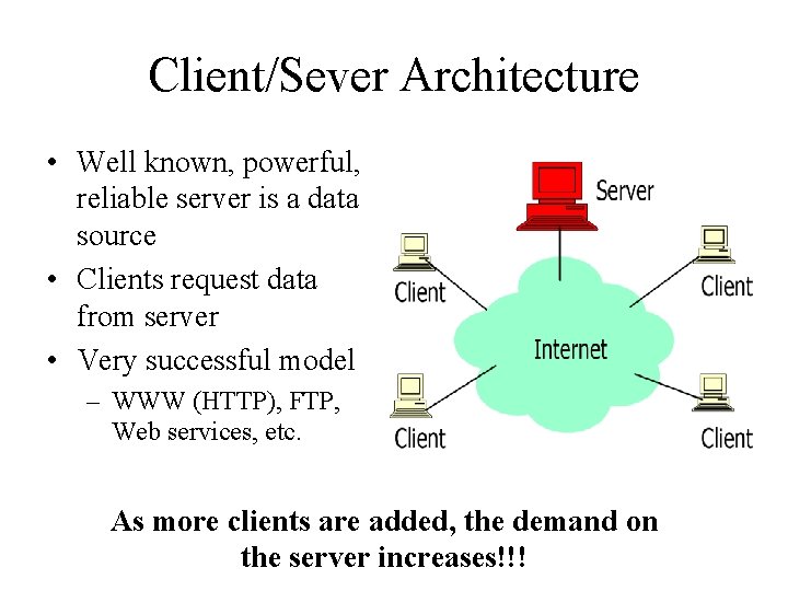 Client/Sever Architecture • Well known, powerful, reliable server is a data source • Clients