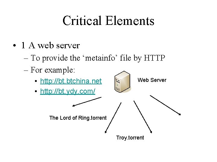 Critical Elements • 1 A web server – To provide the ‘metainfo’ file by