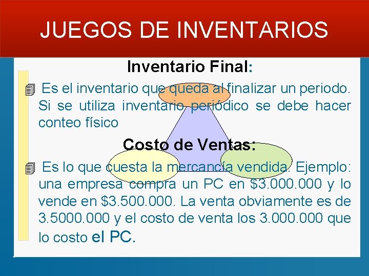 JUEGOS DE INVENTARIOS Inventario Final: 4 Es el inventario queda al finalizar un periodo.