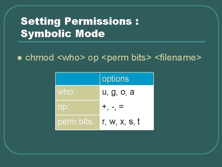 Setting Permissions : Symbolic Mode l chmod <who> op <perm bits> <filename> options who:
