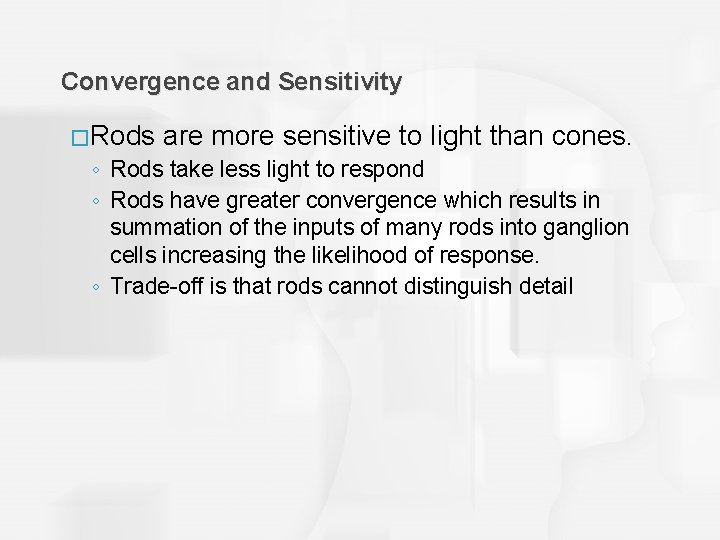 Convergence and Sensitivity �Rods are more sensitive to light than cones. ◦ Rods take
