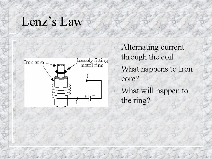 Lenz’s Law • • • Alternating current through the coil What happens to Iron