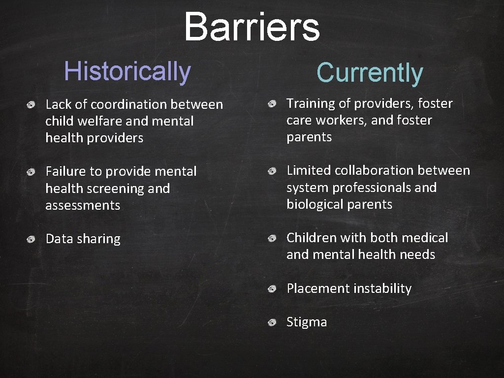 Barriers Historically Currently Lack of coordination between child welfare and mental health providers Training