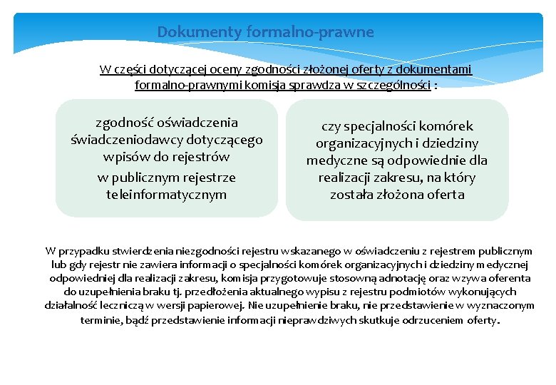 Dokumenty formalno-prawne W części dotyczącej oceny zgodności złożonej oferty z dokumentami formalno-prawnymi komisja sprawdza