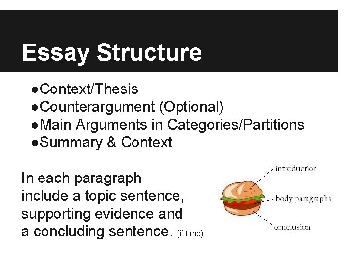 Essay Structure ●Context/Thesis ●Counterargument (Optional) ●Main Arguments in Categories/Partitions ●Summary & Context In each