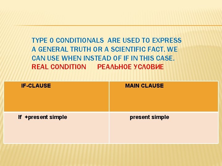 TYPE 0 CONDITIONALS ARE USED TO EXPRESS A GENERAL TRUTH OR A SCIENTIFIC FACT. TYPE 0 CONDITIONALS ARE USED TO EXPRESS A GENERAL TRUTH OR A SCIENTIFIC FACT.