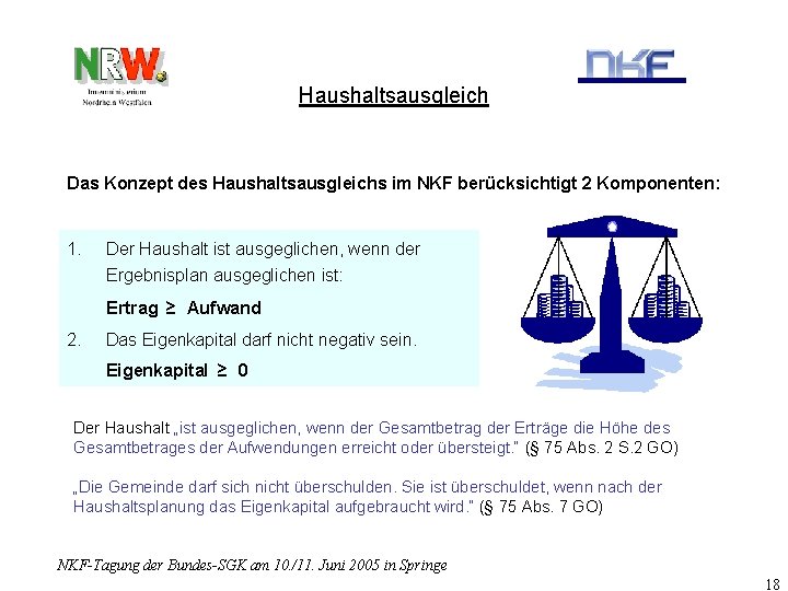 Haushaltsausgleich Das Konzept des Haushaltsausgleichs im NKF berücksichtigt 2 Komponenten: 1. Der Haushalt ist